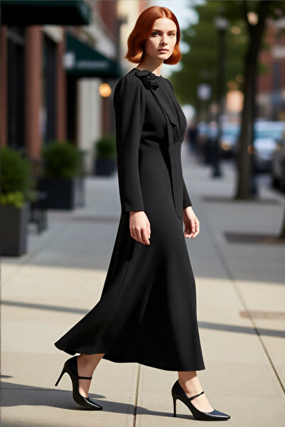 PayBuy Kadın Şık Balık Kalıp Aerobin Dokuma Maxi Boy Uzun Kollu Fiyonk Detayl...