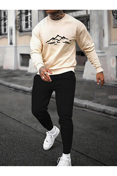 MODAVİBE Unisex Crew Neck Printed Tracksuit Set Cotton Polyester Fabric Elast...