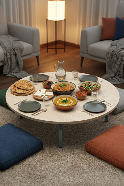 Zevahir Mobilya Dekorasyon Ahşap Mermer Desenli Metal Katlanır Ayaklı Kamp Bahçe Ev için Yuvarlak Yer Sofrası