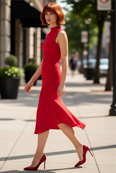 PayBuy Women's Evening Dress Skater Dress Mock Neck Sleeveless Midi Length Pl...