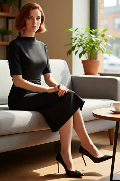 PayBuy Women's Black Bodycon Midi Dress Mock Neck Three Quarter Sleeve Belted Smart Design Knitted Fabric Detailed