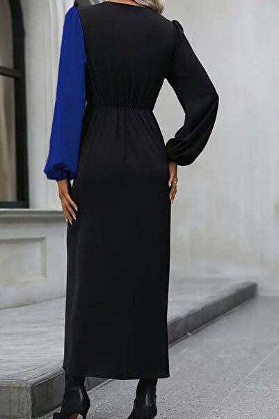 Mossta Круазе комір, деталізована талія, імпортна крепова сукня середньої довжини - синя