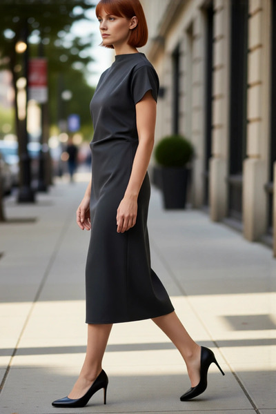 PayBuy فستان نسائي بقصة A بأكمام قصيرة وطول متوسط، بنمط سادة وياقة دوجيه، مع ...