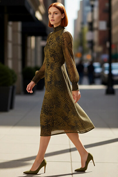 PayBuy Rochie midi cu mâneci balon pentru femei guler ridicat din șifon cu im...