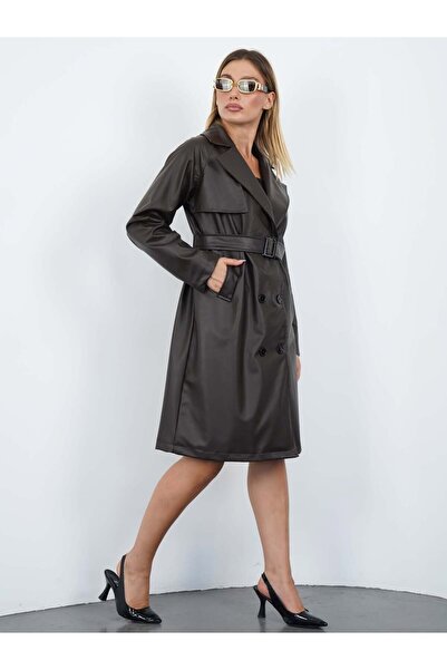 ModaLavida Düğmeli Kuşaklı Astarlı Midi Boy Deri Trençkot