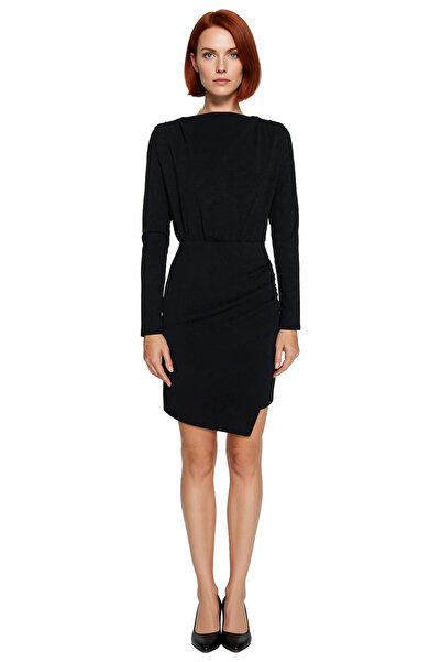 PayBuy Kadın Bodycon Kesim Uzun Kollu Kayık Yaka Krep Kumaş Büzgü Detaylı Mini Elbise Şık Davetler İçin