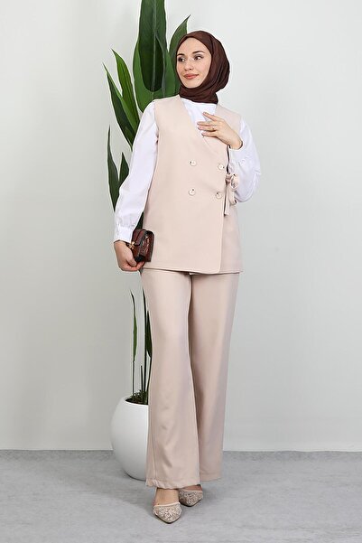 GİYZAMİLA Tie-Up Vest Suit Cream