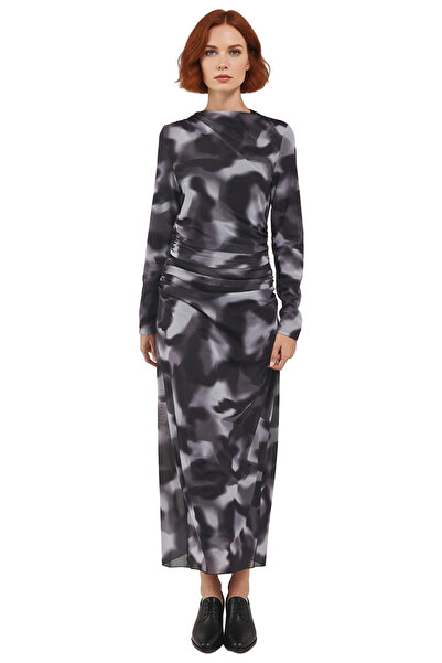 PayBuy Women's Tie-Dye Patterned Mock Neck Skater Midi Dress Stylish and Modern Long Sleeve Knitted Fabric Design