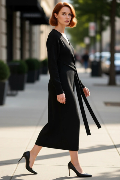 PayBuy Γυναικείο πλεκτό φόρεμα μίντι με λαιμόκοψη διπλό πέτο με απλό σχέδιο, ...