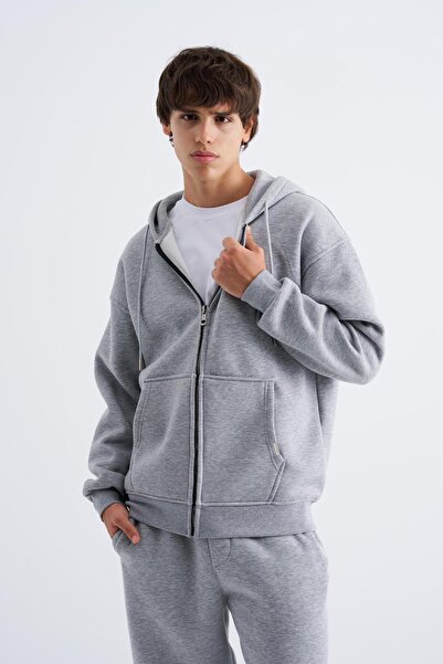 Machinist Oversize Fermuarlı Cepli Kapüşonlu Basic Sweatshirt GRİ MELANJ