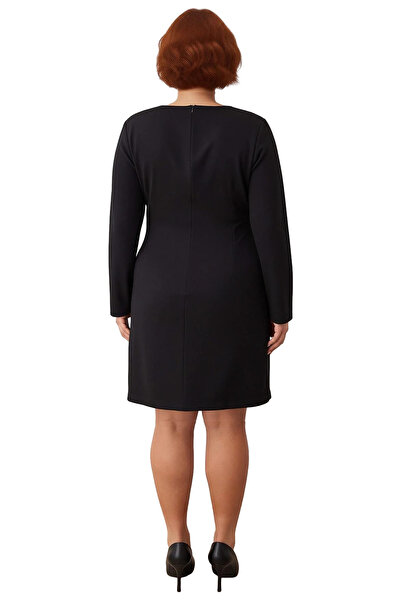 PayBuy Women's Plus Size a Line Black Pool Neck Long Sleeve Button Detailed Woven Mini Dress Office Style