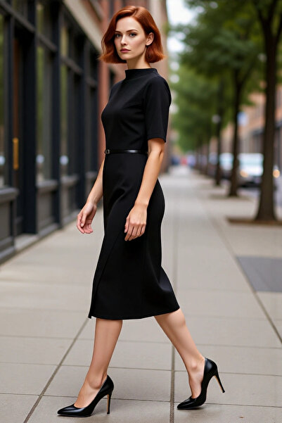 PayBuy Women's Black Bodycon Midi Dress Mock Neck Three Quarter Sleeve Belted Smart Design Knitted Fabric Detailed