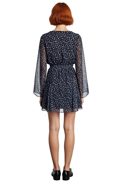 PayBuy Kadın Çok Renkli Patchwork Baskılı Bisiklet Yaka Mini Elbise Skater Kalıp Şifon Dokuma Kumaş