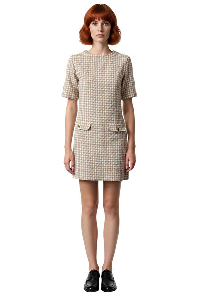 PayBuy Women's Shift Dress Short Sleeve Houndstooth Pattern Tweed Dress Stylish Button Detail Spring Autumn