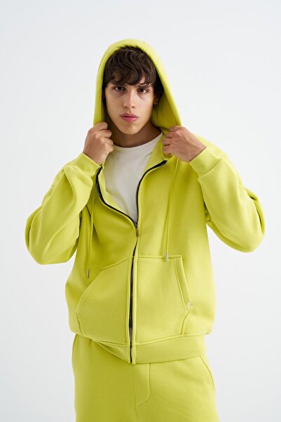 Machinist Oversize Fermuarlı Cepli Kapüşonlu Basic Sweatshirt NEON YELLOW