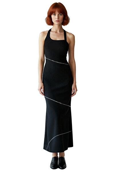 PayBuy Women's Bodycon Midi Dress with Thick Straps Square Neckline Stone Detail Stylish Evening Cocktail