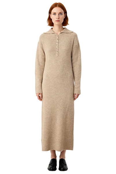 PayBuy Women's Shirt Collar Buttoned A-Line Long Sleeve Plain Thessaloniki Knitwear Maxi Dress Winter Season Elegance