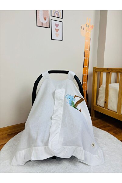 NOİSY TEKSTİL Kişiye Özel Nakışlı Figür Harfli Fırfırlı 2 Kat Beyaz Müslin Puset Örtüsü %100 Pamuk