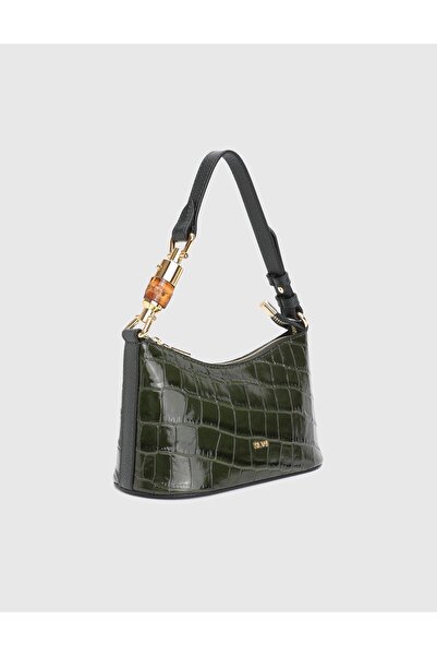 İLVİ Roomy Genuine Crocodile Leather Green Women's Shoulder Bag