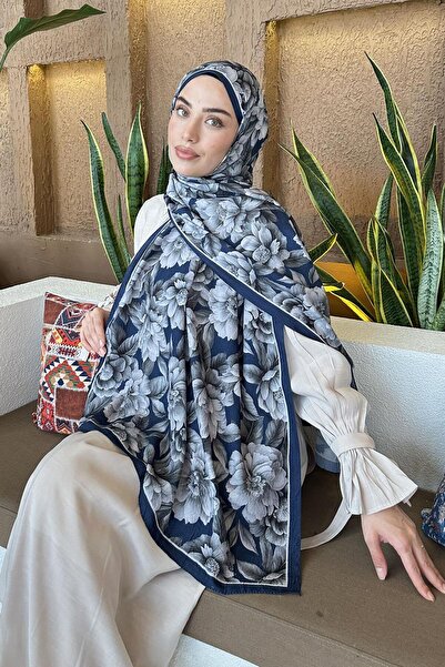 lamelif Lotus Desen Bambu Şal Gece Mavisi