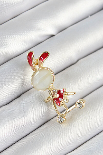 Skygo Gold Color Women's Brooch with Zircon Stone Detail and Red 3D Scooter Riding Rabbit Girl Figure - Tj-Br443