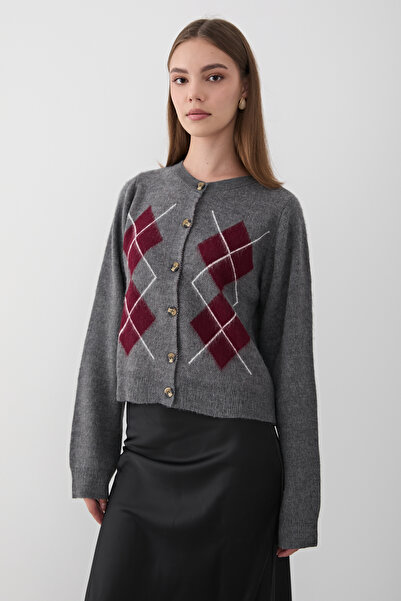 JASTE Women's Anthracite Argyle Patterned Buttoned Knit Sweater
