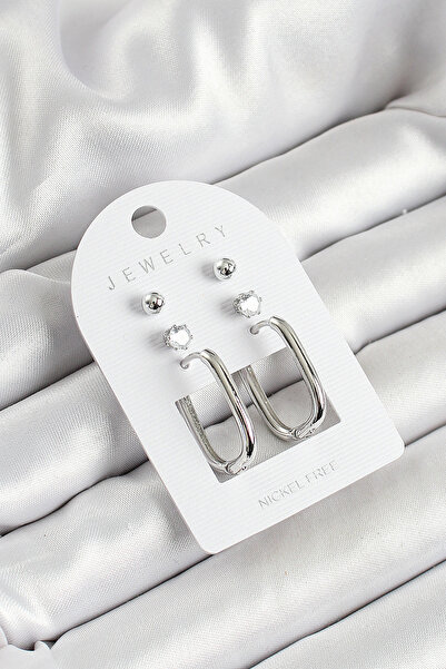 Skygo Silver Color 3-Piece Double Women's Earring Set with Brass Zircon Stone and Rectangular Figure - Tj-Bkp10645