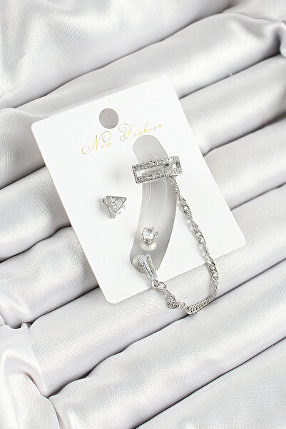 Skygo Brass Triangle Figured Zircon Stone Silver Color 3-Piece Cartilage Women's Earring Set - Tj-Bkp10658