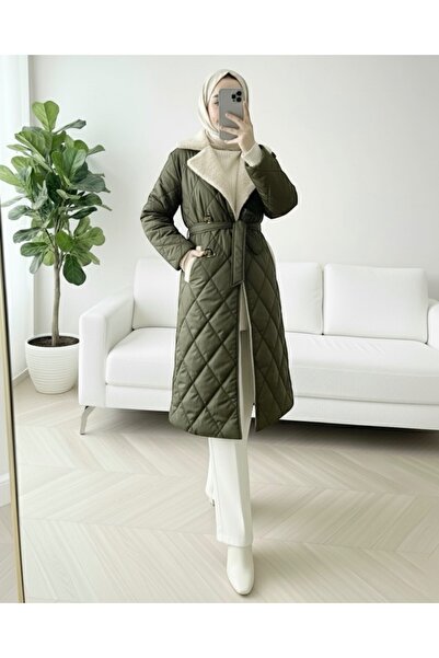 Modamorfo Fur Collar, Belted Waist, Buttoned, Lined, Quilted Coat - Khaki
