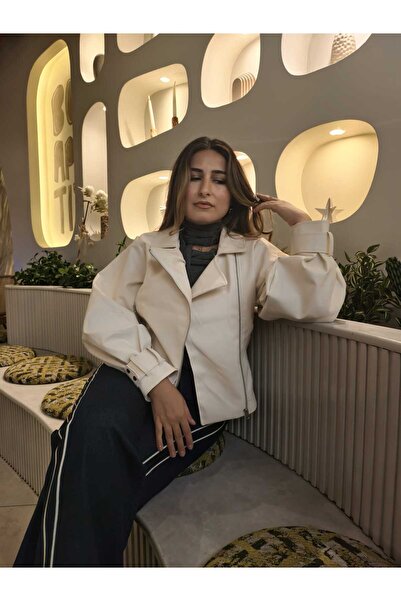 derrymore Жіноча шкіряна куртка з кремовим рукавом