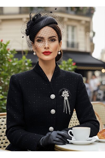 1Moda1Tarz Imported Tweed Fabric, Stone and Chain Brooch Included, Lined Button Detail, Lined Special Design Suit