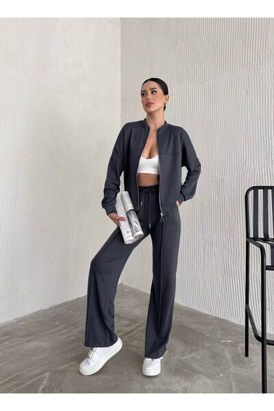 aselon طقم بدلة رياضية نسائية من قماش مودال بياقة كلية وجيوب بسحاب