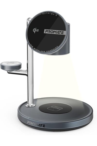 Promate محطة شحن لاسلكية 4 في 1 Qi2 - MagSafe لأجهزة iPhone وApple/Samsung Wa...