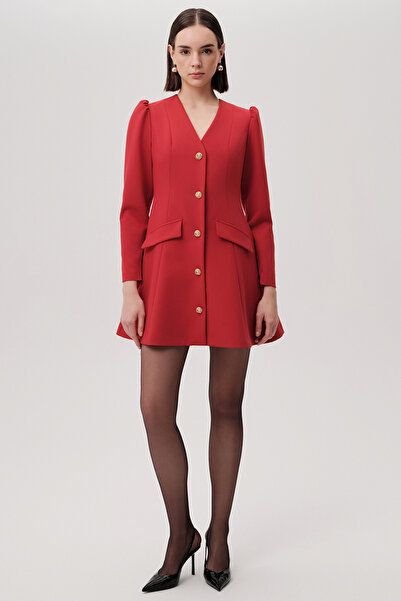 Exquise V-Neck Long Sleeve Buttoned Regular Mini Red Dress