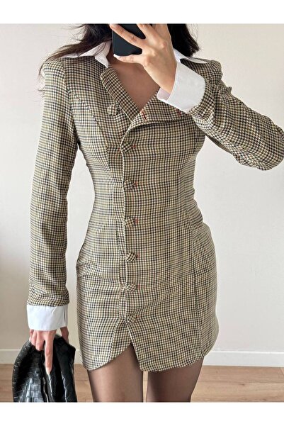 LOCH BUTİK Дамска екологична рокля с дълги ръкави и копчета