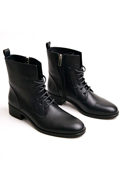 NE&VE SHOES Siyah Deri Bağcıklı İçten Fermuarlı Kadın Topuklu Bot