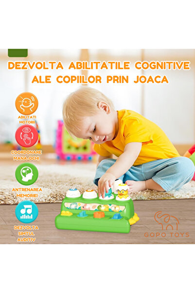 Gopo Toys Jucarie Interactiva Dinozaur cu Ciocanel si Pop-Up Animale - Joc Educativ Cu Litere si Forme