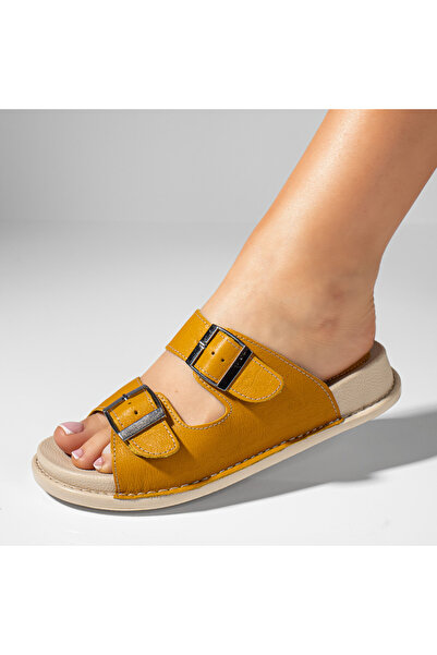 Modlet.ro Women's yellow genuine leather slides with buckles MOD11416
