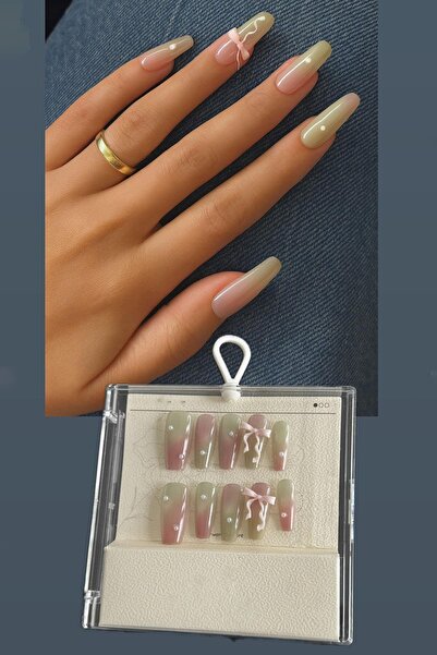 TAKIŞTIR Pembe Ve Yeşil Renk Kurdele Figürlü Jel Tırnak Görünümlü 10'lu Takma...