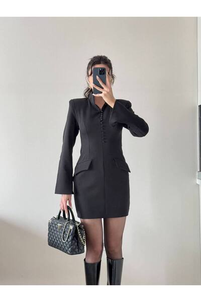 LOCH BUTİK Γυναικείο Μίνι Φόρεμα με Μαύρη Επικάλυψη με Κουμπιά και Διακοσμητι...