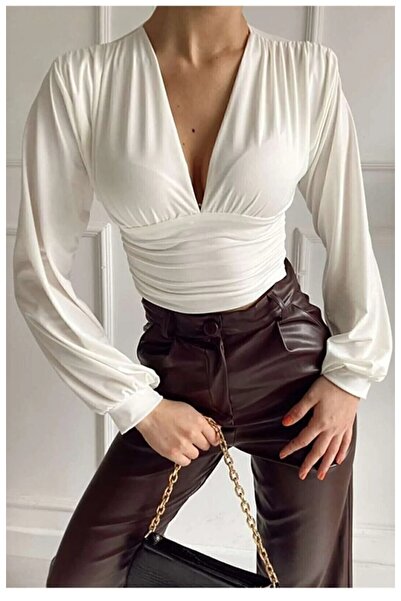 SİA LESS Жіночий лікраний мікротканинний білий боді з довгими рукавами, кроп-топ з декольте