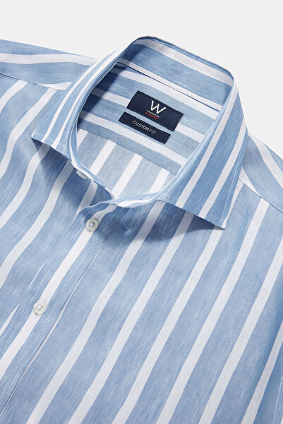W Collection BEYAZ UZUN KOLLU ÇİZGİLİ PAMUK ELASTAN GÖMLEK
