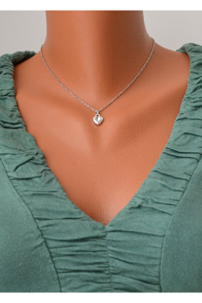BİJUTERİ EVİ Minimal Heart Model Silver Color Steel Chain White Stone Women's Necklace