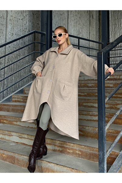 Tubik Palton asimetric croială pentru femei, cu buzunare duble, cu închidere cu nasturi