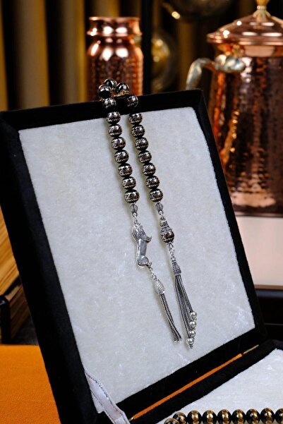 dergah tesbih Zaza Oltu Stone Prayer Beads with Silver Horse Figured Design Wrapped in Solid Brass