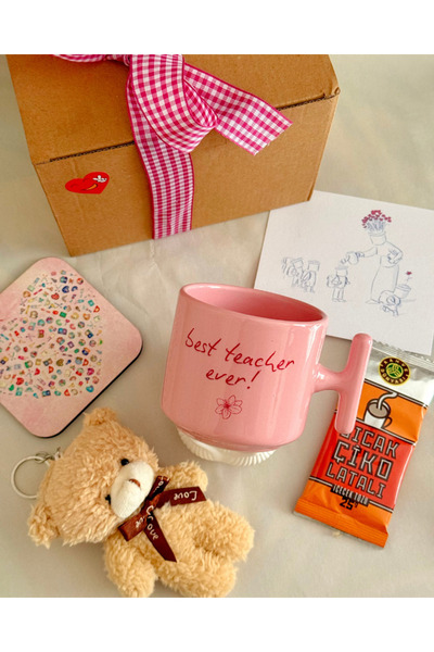 glowoow Öğretmene Özel Hediye Seti Pembe Kupa Bardak Ayıcık, Sıcak Çikolata v...
