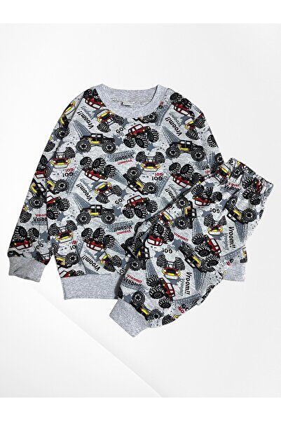 Pajama Shop Boy's Cotton Fabric Gray Color Monster Jeep Car Patterned Long Sleeve Transitional Pajamas
