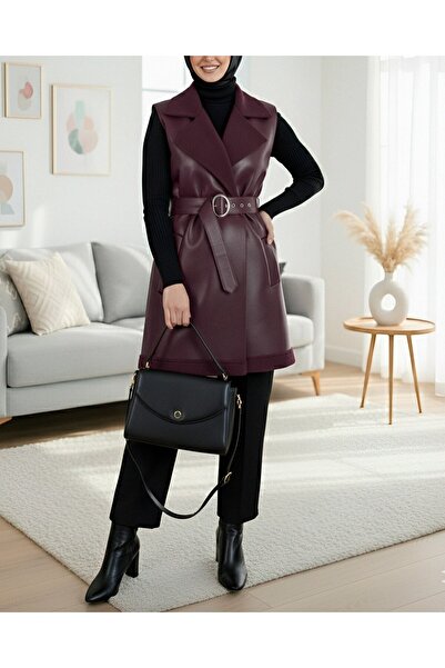 Modamorfo Thick Belted Leather Vest with Fur Lining and Pockets - Plum