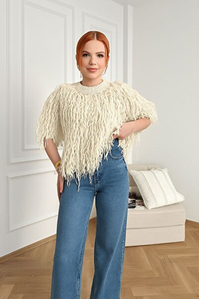 Hilals Butik Ekru ve Antrasit Renk Püsküllü Triko Kazak