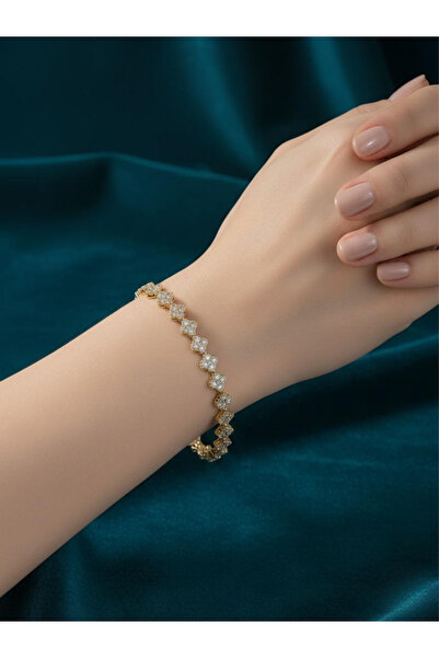 marvelous Zarif Yonca Çiçek Altın Renk Çelik 14K Bileklik Işıltılı Şıklık Zir...